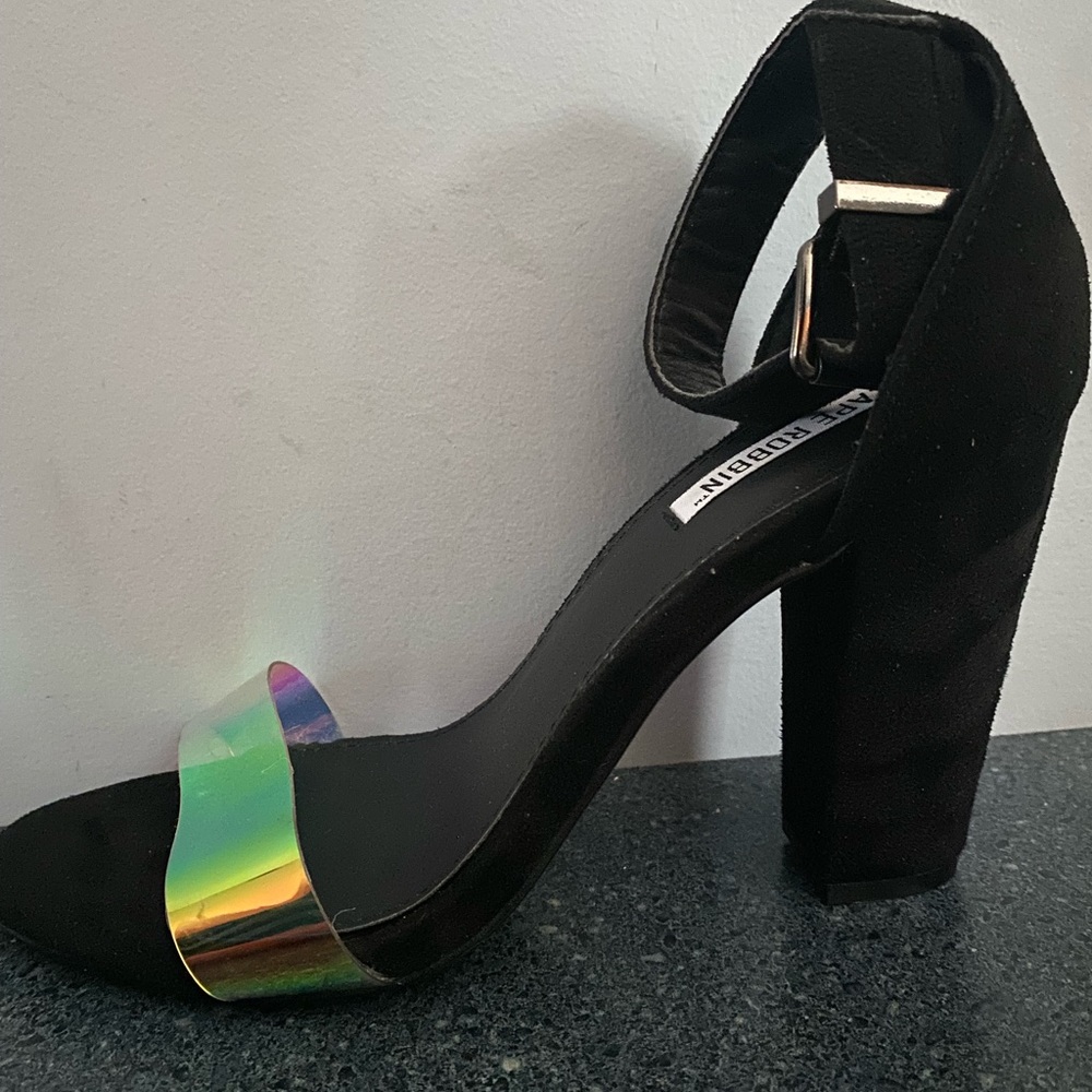 NEW CAPE RIBBON SUEDE HOLOGRAPHIC STRAP HEELS